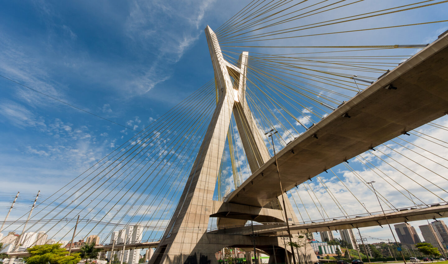 The Octavio Frias de Oliveira bridge is a cable-stayed bridge in Sao Paulo, Brazil over the Pinheiros River, opened in May 2008. over the Pinheiros River, opened in May 2008. visual
